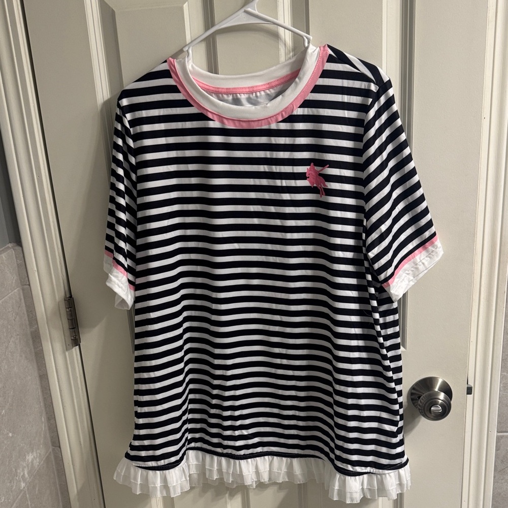 Striped Black and White T-Shirt with Pink Accents